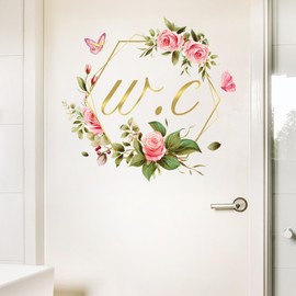 2 Pcs Bathroom Toilet WC Sign Door Stickers Washroom Wall Decals Peel and Stick Removable DIY Beautiful Flower Wash Room Door Decor (Colourful)