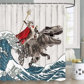 Funny Cat Shower Curtain, Cool Cat Dinosaur Japanese Ocean Wave Shower Curtain, Cat Riding Dinosaur Fun Shower Curtain Nautical Kids Children Rustic Wooden Farmhouse Shower Curtain, 72X84inch, Brown