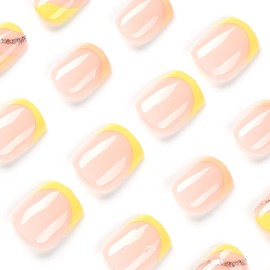 24 Pcs Short Press on Nails French Square Fake Nails Yellow French Tip False Nails with Design Lines and Glitters Glossy Glue on Nails Full Cover Short Artificial Nails Stick on Nails for Women