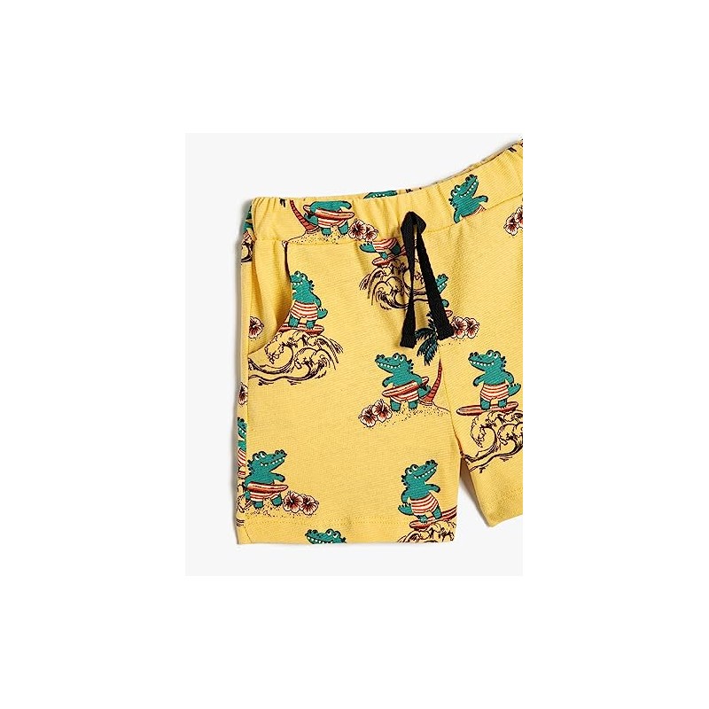 Koton Boys's Drawstring Pockets Crocodile Printed Cotton Shorts, Yellow Design(1d6)