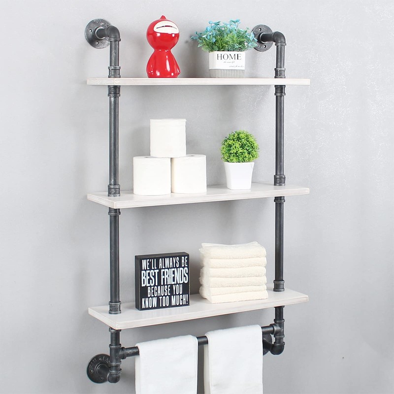 MBQQ Industrial Shelving,Bathroom Shelves with Towel bar,24in Rustic Metal Pipe