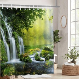 Avezano Garden Shower Curtain 3D Waterfall Green Nature Spring Forest Bathroom Shower Curtain Landscape Scenery Waterproof Home Bath Decor with 12 Hooks 72 X 72 Inches
