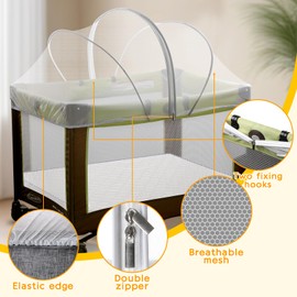 Pack and Play Cover - Mosquito Net Cover for Pack n Play/Travel Crib/Mini Crib/Playpen to Keep Cats Out - Breathable Baby Mosquito Net with 2-Way Zipper (White-Large)