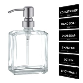 Rzoeox Clear Glass Soap Dispenser with Brushed Nickel Pump, 13.5 OZ Liquid Soap Dispenser Square with Stainless Steel Pump for Dish Hand Soap Bathroom Kitchen Vanity Countertop