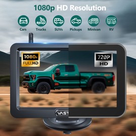 VASTEND Rückfahrkamera Kabellos HD 1080P Autokamera, 5'' Monitor, Split Bildschirm 2 Kanäle Einparkhilfe, Wasserdichtes Nachtsicht Rückfahrkamera-Set für Auto LKW Wohnmobil Lieferwagen Anhänger, V02