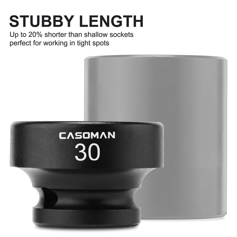 CASOMAN 1/2" Drive 30mm Stubby Impact Socket Set, 6-Point, 1.1"