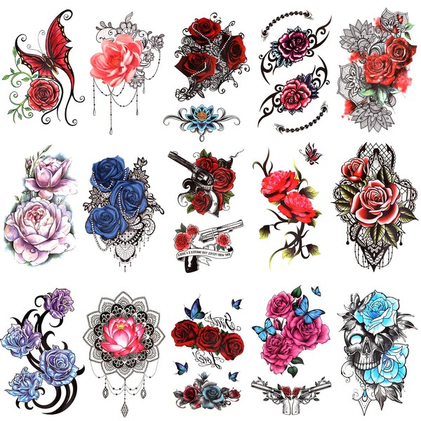 Qpout 15 Sheets Flowers Temporary Tattoos for Women, Half Sleeve Tattoos Stickers, Flowers Skull Butterfly Tattoos, Arm Hand Chest Shoulder Decorations Tattoos for Adults Girls Children