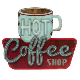 Hot Coffee Shop Embossed Metal Sign - Vintage Diner Coffee Sign for Kitchen, Office or Coffee Bar
