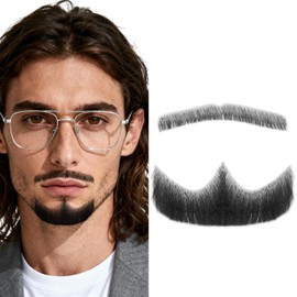 puheca Fake Beard Goatee Mustache, Realistic Natural Looking Fake Goatee Facial Hair Invisible full lace 100% Handmade False Beards for Halloween Cosplay Parties Drama Movie Makeup (3#Black)