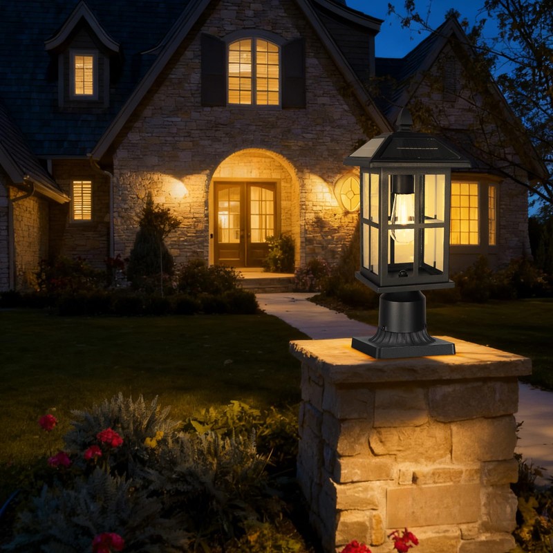 Diyel Solar Outdoor Post Light Fixture, Dusk to Dawn Exterior