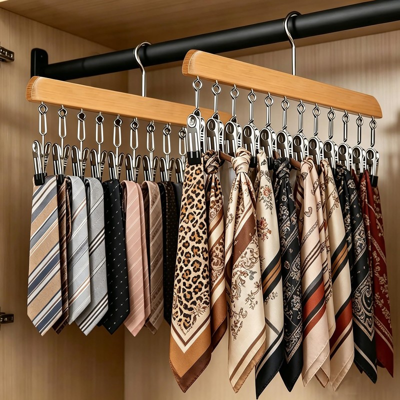 Closet Organizer with 10 Clips, 2 Pack Wooden Hanging Storage