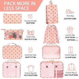 KPX 8 Set Packing Cubes for Travel, Luggage Packing Organizers Accessories Large Toiletries Bag for Clothes Shoes Cosmetics (8Set-Pink Strawberry)