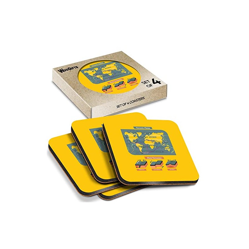 4 x Square Coasters - Tectonic Plates World Map Cork