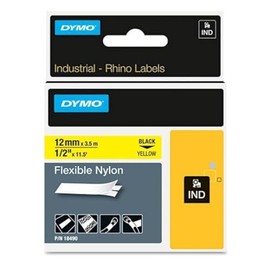 Rhino Flexible Nylon Industrial Label Tape, 1/2" x 11 1/2 ft, Yellow/Black Print