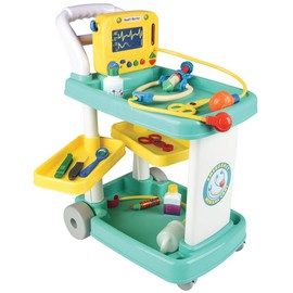 Constructive Playthings Deluxe Doctor Kit for Toddlers 3-5, Pretend Play Toy Medical Station, Includes Rolling Cart with Pullout Shelves and Medical Supplies, Blue & White, 15-Piece Kids Playset