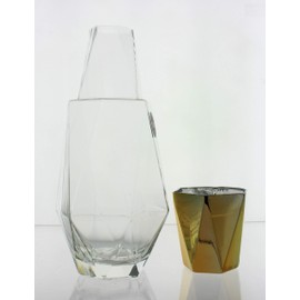 Fifth Avenue Crystal Modern Geometric Bedside Water Carafe with Tumbler- Elegant Pitcher and Matching Drinking Glass Doubles As Lid for Guest Room, Office (Gold)