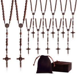 KOMI 12 PCS Wood Rosary Beads Bulk for Men, Handmade Wooden Rosary with St Benedict Medal and Crucifix Cross Rosaries with Velvet Bag Rosary Catholic