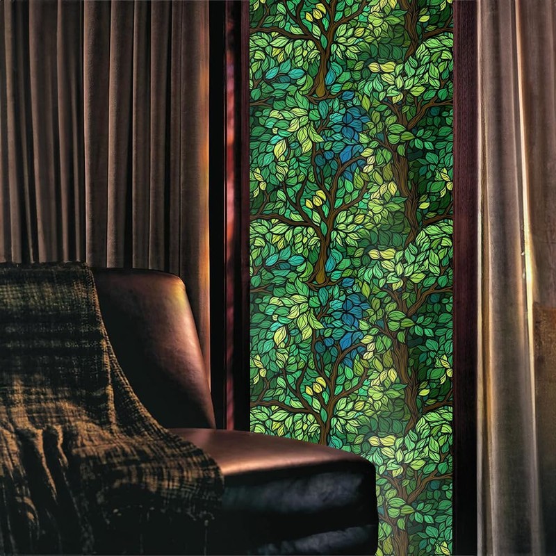 Green Leaf Forest Tree Blue Stained Glass Window Films Decorative