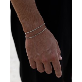 Picuzzy Silver Mens Bracelet, 925 Sterling Silver Bracelets for Men Cuban Box Chain Bracelet Double Bracelet for Men 9 Inches Bracelet Chain Set Men Jewelry Gifts for Dad Boyfriend Husband