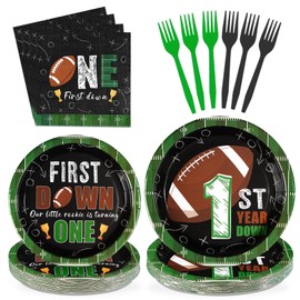 Grencian 96Pcs Football Party Decorations First Down Football Birthday Party Plates Disposable 350GSM Football Paper Tableware Set for Gameday Boys 1st Football Birthday Party, Serves 24