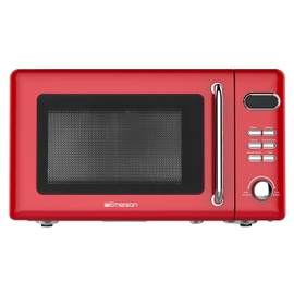Emerson MWR7020RD Compact Countertop Microwave Oven with Button Control, LED Display, 700W 5 Power Levels, 8 Auto Menus, Glass Turntable and Child Safe Lock, 0.7, Retro Red