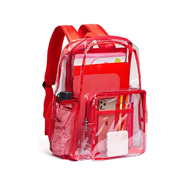 Vorspack Clear Backpack Heavy Duty PVC Transparent Backpack with Reinforced Strap & Large Capacity for College Workplace Security - Red