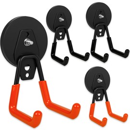 Xiuouix 4 Pack Heavy Duty Magnetic Garage Hooks,No Drill Installation and Rubber Coating for Scratch-Free Use,Space Saving Large Utility Hooks for Kitchen,Tools,Pegboard,Workshop (Red 2pcs+Black 2pcs)