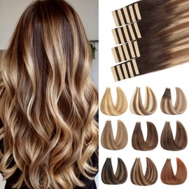ShowJarlly Tape-In Real Hair Extensions, 20 Pieces, 60 cm, Chestnut Brown to Light Brown with Light Blonde, Invisible Tape-In Extension, Real Hair, Skin Weft Hair Extensions, 50 g (24 Inches, 2/6/18 K