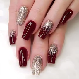 Bellelfin Coffin Press on Nails Medium Fake Nails with Gold Glitter Designs, Glossy Cute Burgundy False Nails Full Cover Artificial Acrylic Stick on Nails for Women Girls,24Pcs