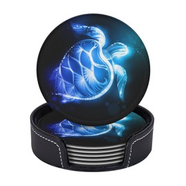 Famame Abstract Fantasy Ocean Sea Turtle Leather Coasters for Drinks with Holder Coaster Sets 6 Pcs Drink Table Cup Coasters for Living Room Kitchen Coffee Decor