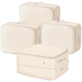 JXWENBYX Ultra Space Saving Self Compression Organizer, 4 Pack Comforter Storage Bag with Zipper Foldable Compression Bags for Storage (Beige, L (54 * 42 * 30CM))