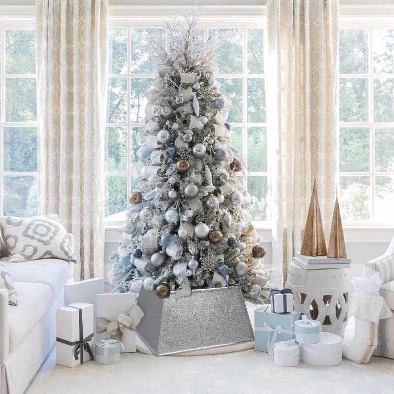 Blissun Fabric Christmas Tree Collar, Square Christmas Tree Ring, Glittering