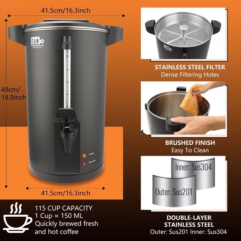 115-Cup 20L Commercial Coffee Urn, Festa Essential 1500W Double Wall