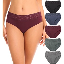 RHYFF Womens Underwear Cotton Lace Panties Soft Bikini Panty Comfortable Hipster Stretch Full Ladies Briefs 5 Pack S-XL (R3020-Dark-S)