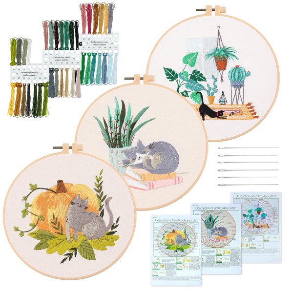 XM-GENYUE Beginner Embroidery Set for Adults, Cat Pattern Embroidery Set,