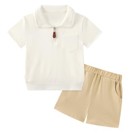 BOBORA Toddler Boy Clothes Summer Outfit Set Zip-up Short Sleeve Solid Sweatshirt and Shorts 2Pcs Clothes Set Kids Waffle Outfits 18M-6T Apricot