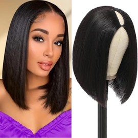 Atikual V Part Wig Human Hair Straight Bob Wigs For Black Women 10Inch Brazilian Remy Hair Short Bob Human Hair Wigs Clip in U Part Wig Human Hair Natural Black