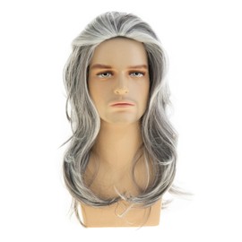 Wiwige Long Wavy Mixed Grey Wig for Men Natural Looking Heat Resistant Synthetic Retro Male Wig for Daily Party Costume Cospaly Halloween, Beige Gray