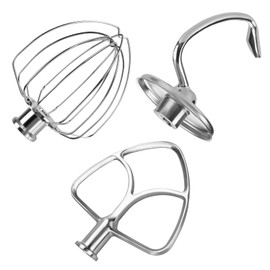 Stainless Steel 3 Piece Kit Attachments for KitchenAid 4.5-5 Quart Tilt-Head Stand Mixers Artisan Series & Classic Series by MMOBIEL – K45 6-Wire Whip, Flat Beater and Dough Hook – Dishwasher Safe