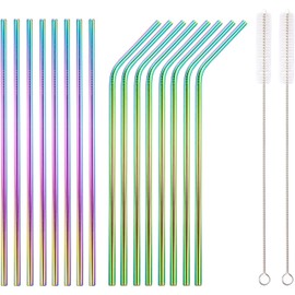 HOMQUEN Pajitas de Acero Inoxidable Coloridas de 18 Piezas, pajitas Arcoiris de Bebida Reutilizables de 8.5 '', con Estuche portátil (8 Rectos / 8 doblados / 2 cepillos)