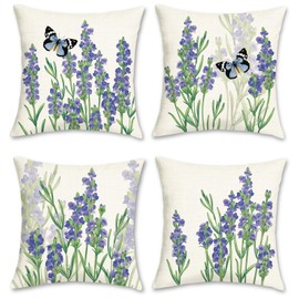 Bonhause Flower Cushion Covers 45 x 45 cm Purple Floral Decorative Pillow Covers Polyester Linen Pillowcases for Sofa Bed Home Garden Patio Outdoor Decor Set of 4