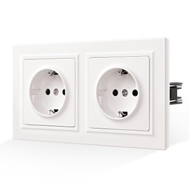 CNBINGO Double Socket, Smooth Skin Feeling, Flush-Mounted with Claws, Double Schuko Socket with Skin-friendly Matt Plate, White Wall Socket