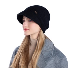 AYPOW Women's Winter Knitted Slouchy Hat with Visor, Beret Hat, Fleece Warm Winter Hat with Brim, Sweater Ear Protection Hat, Newsboy Hat, Daily Winter Outdoor Hat for Women, black