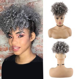 CINHOO Gray Ponytails Hair Extensions for Black Women,Afro Puff Drawstring Ponytail Synthetic Short Curly Puff Ponytail with Bangs Clip in Wrap Updo Hairpiece for Women(T1B/Gray)