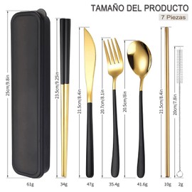 Juego de Cubiertos de Acero Inoxidable de 7 Piezas en 1, Juego de Cubiertos Dorados, Set de Cubiertos Portatiles con Cuchillo, Cuchara, Tenedor, Palillos, Pajitas, Aptas para el Lavavajillas (Negro)