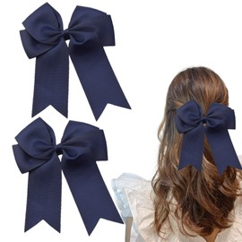 2Pcs Bow Hair Clip, Hair Bows for Women, Big Bow Hairpin French Hair Clips with Ribbon Large Bow Hair Barrette for Women,Solid Color Ponytail Holder Hair Accessories Hair Clips for Girls(Dark blue)