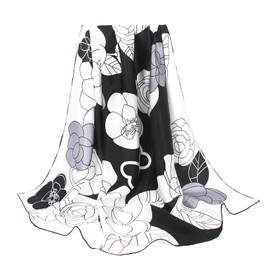 ANDANTINO 100% Pure Mulberry Silk Scarf 43" Large Square Lightweight Headscarf& Shawl–Women Hair Wraps-With Gift Packed, Black&white-flowers, Large