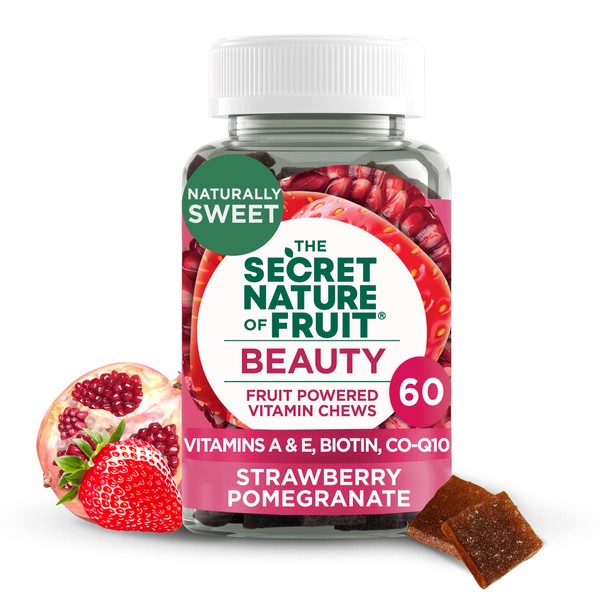 The Secret Nature of Fruit Beauty Chews, Real Fruit Powered Vitamin Chews with Vitamins A & E, Biotin, CoQ10, Strawberry & Pomegranate for Healthy Hair, Skin & Nails, Gummy, (60 Count)