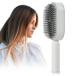 Self-Cleaning Hair Brush, Paddle Hair Brush for Detangling Hair for Women, Rounded Comb for Scalp Massage, Ideal for Wet or Dry Hair (White)