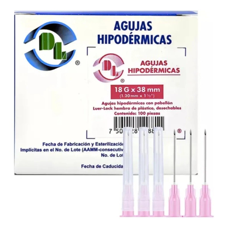 Aguja HiPodérmica Rosa Calibre 18gx38mm Caja Con 100pz 0 Ml